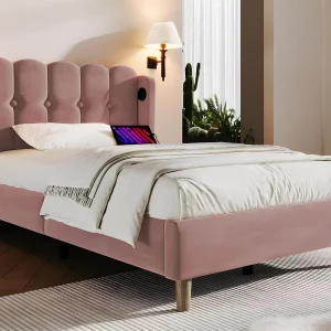 Bed 90x200cm bekleed met fluweel – met oplaadpoorten en lattenbodem – Roze