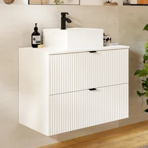 Hangend, geribbeld badkamermeubel met opzetwastafel, wit, L80 cm, ZEVINI Hangend, geribbeld badkamermeubel met opzetwastafel, wit, L80 cm, ZEVINI