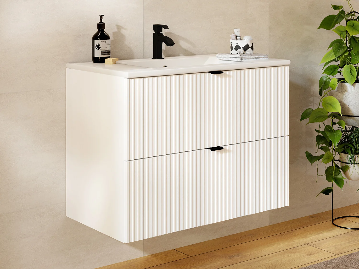 Hangend, geribbeld badkamermeubel met inbouwwastafel, wit, L80 cm, ZEVINI