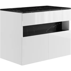 Zwevend wastafelmeubel met ledverlichting en legplank – Wit en gemarmerd zwart – 80 cm – POZEGA