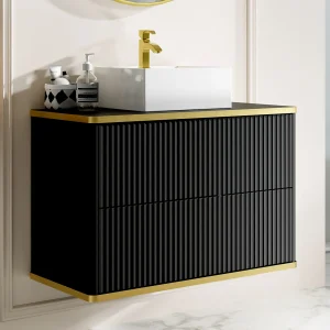 Geribbeld badkamermeubel met goudkleurige rand en opbouwwastafel, zwart, 80 cm, KELIZA