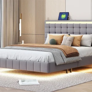 Gestoffeerd bed met hoofdeinde – 140 x 200 cm – zwevend bedframe – LED's – linnenstof – grijs