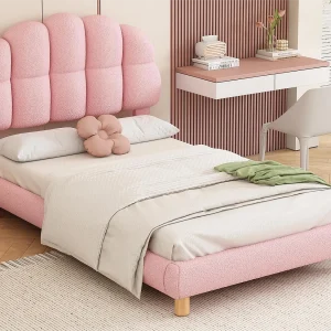 Gestoffeerd bed met hoofdeinde – 90 x 200 cm – French Terry stof en MDF hout – lattenbodem – roze Gestoffeerd bed met hoofdeinde – 90 x 200 cm – French Terry stof en MDF hout – lattenbodem – roze