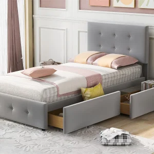 Gestoffeerd bed 90 x 200 cm met 2 lades – Fluweel – Inclusief lattenbodem – Grijs