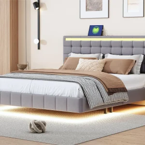 Gestoffeerd bed met hoofdeinde – 160 x 200 cm – zwevend bedframe – LED's – linnenstof – grijs