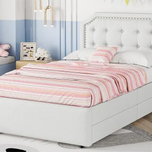 Gestoffeerd bed in linnenstof met 2 lades – 90x200cm – hoofdeinde versierd met klinknagels – Beige Gestoffeerd bed in linnenstof met 2 lades – 90x200cm – hoofdeinde versierd met klinknagels – Beige