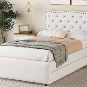 Gestoffeerd bed in linnenstof met 2 lades – 90x200cm – hoofdeinde versierd met klinknagels – Beige Gestoffeerd bed in linnenstof met 2 lades – 90x200cm – hoofdeinde versierd met klinknagels – Beige