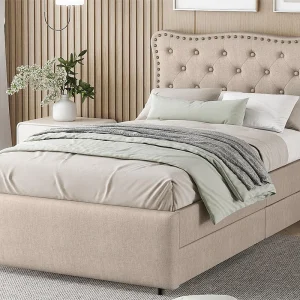 Gestoffeerd bed in linnenstof met 2 lades – 90x200cm – hoofdeinde versierd met klinknagels – Taupe Gestoffeerd bed in linnenstof met 2 lades – 90x200cm – hoofdeinde versierd met klinknagels – Taupe
