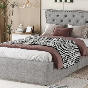 Gestoffeerd bed in linnenstof met 2 lades – 90x200cm – hoofdeinde versierd met klinknagels – Grijs Gestoffeerd bed in linnenstof met 2 lades – 90x200cm – hoofdeinde versierd met klinknagels – Grijs