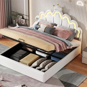 Gestoffeerd opbergbed in kunstleer 140x200cm – prinsessenbed met LED en kroonlijsten – Wit Gestoffeerd opbergbed in kunstleer 140x200cm – prinsessenbed met LED en kroonlijsten – Wit