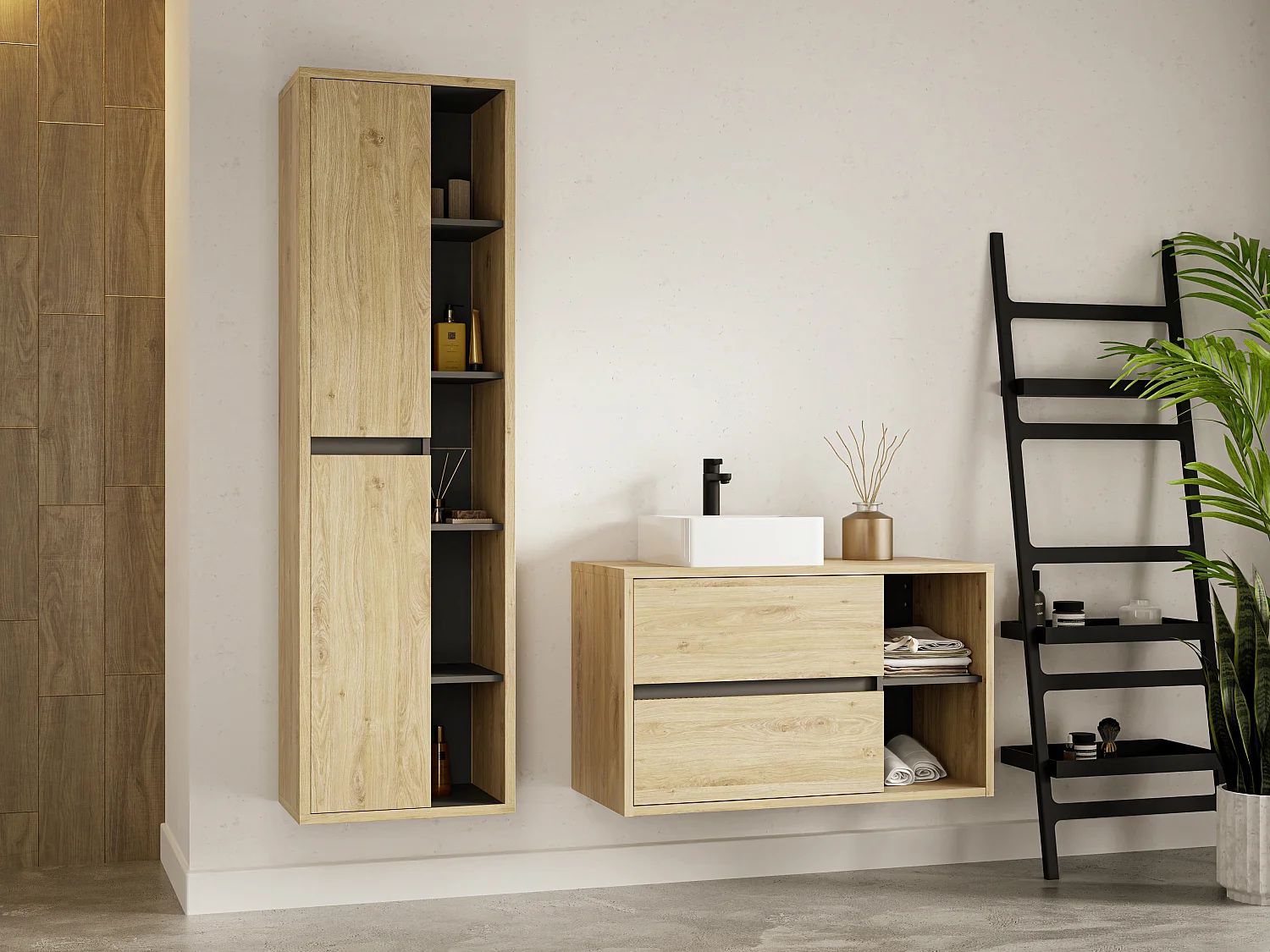 Hangende naturelkleurige badkamerkolom, H170 cm, PURNAL