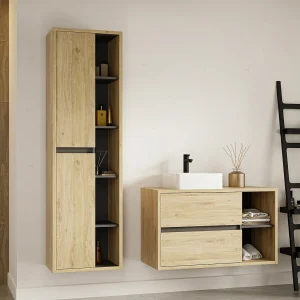 Hangend badkamermeubel met vierkante wastafel en kolom, 100 cm, naturel, PURNAL Hangend badkamermeubel met vierkante wastafel en kolom, 100 cm, naturel, PURNAL