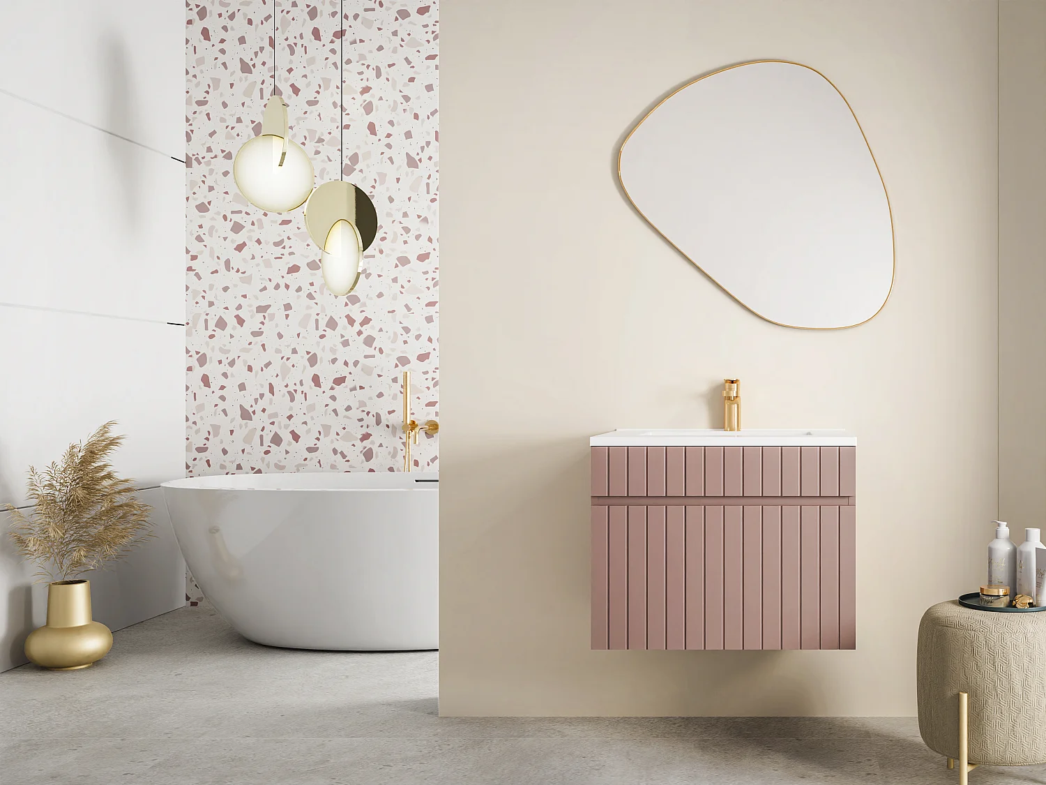 Roze hangmeubel onder wastafel met strepen, 60 cm, SATARA