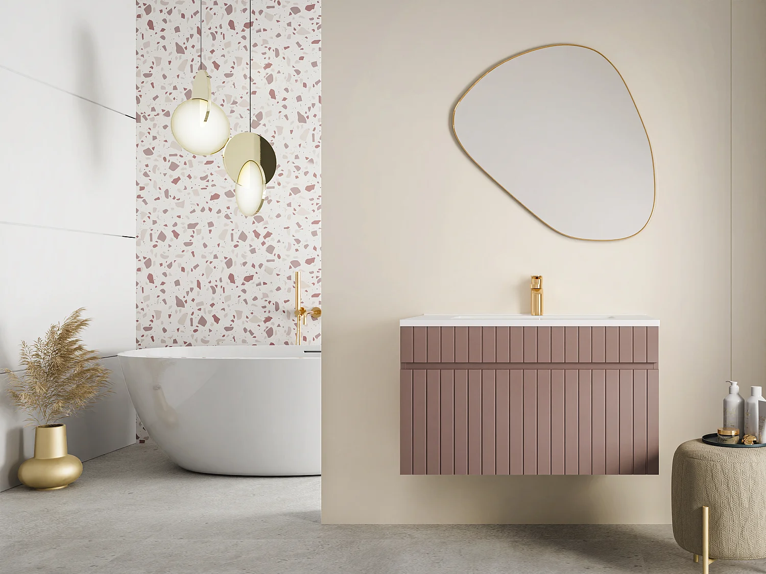 Roze hangmeubel onder wastafel met strepen, 80 cm, SATARA
