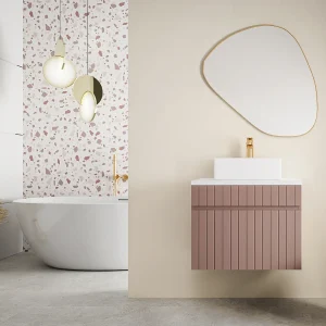 Roze gestreept hangmeubel voor badkamer met wastafel om erop te plaatsen, 60 cm, SATARA Roze gestreept hangmeubel voor badkamer met wastafel om erop te plaatsen, 60 cm, SATARA