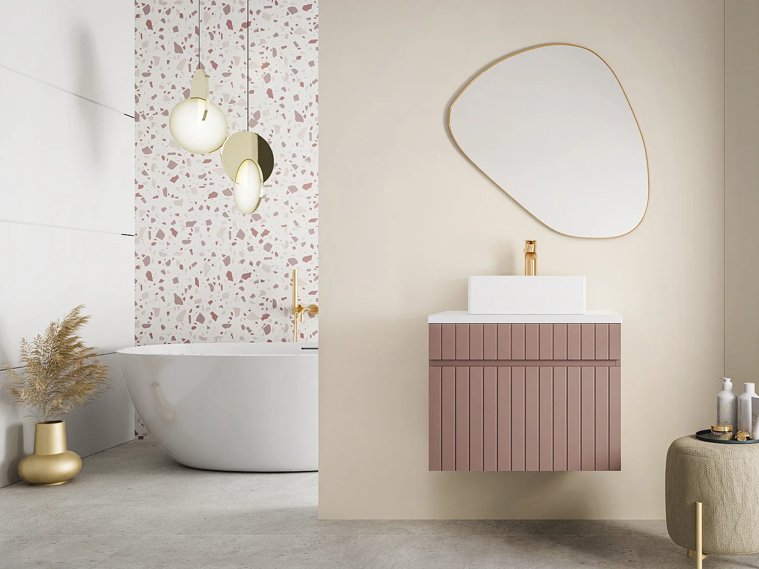 Roze gestreept hangmeubel voor badkamer met wastafel om erop te plaatsen, 60 cm, SATARA