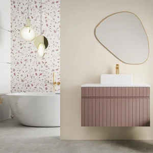 Roze gestreept hangmeubel voor badkamer met wastafel om erop te plaatsen, 80 cm, SATARA Roze gestreept hangmeubel voor badkamer met wastafel om erop te plaatsen, 80 cm, SATARA