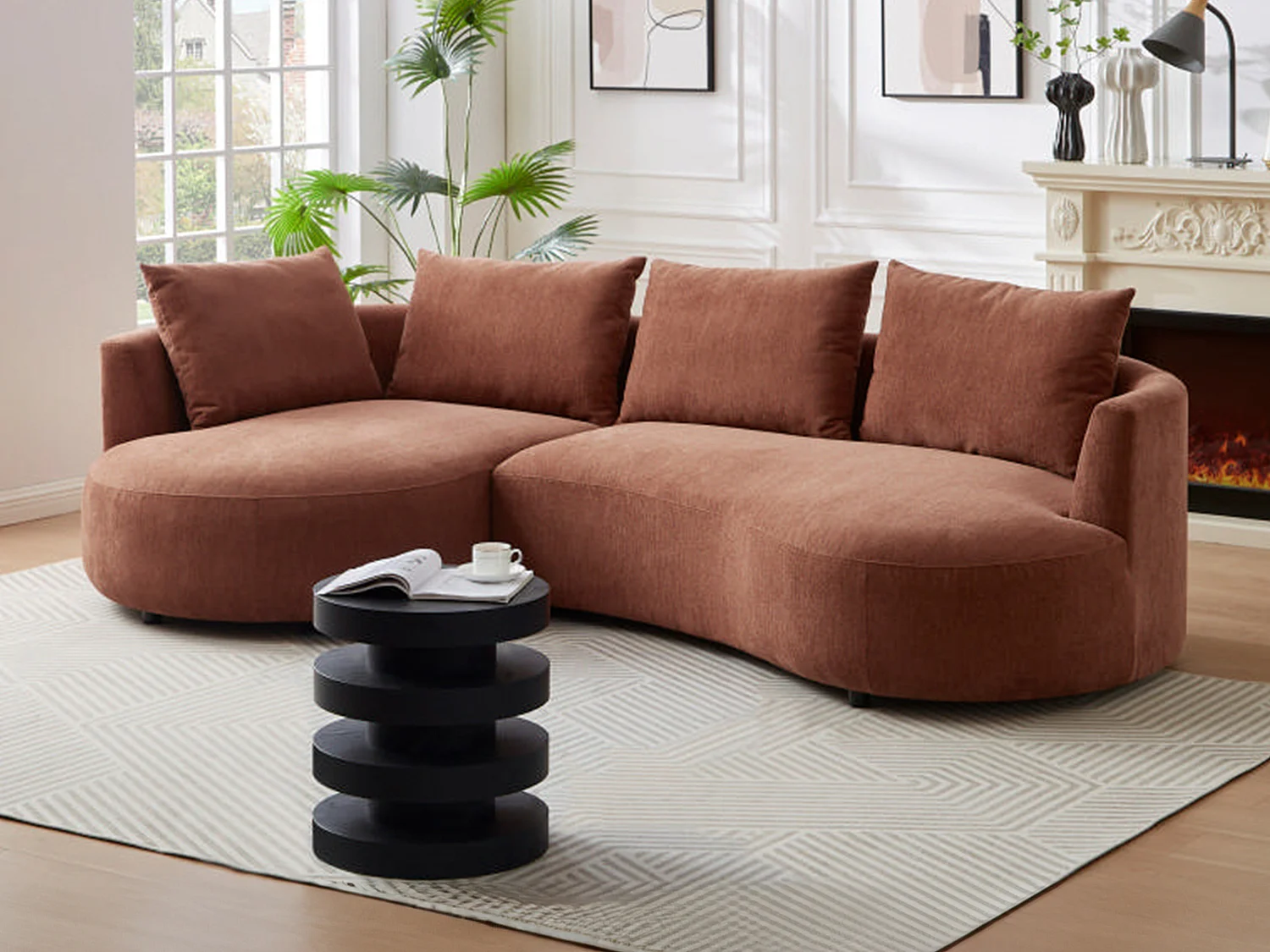 Hoekbank met hoek links van terracottakleurig velours met textuur LOUSADO
