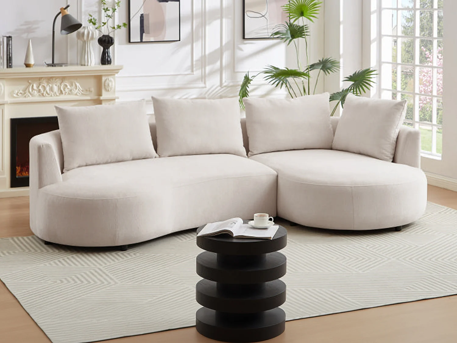 Hoekbank met hoek rechts van beige velours met textuur LOUSADO