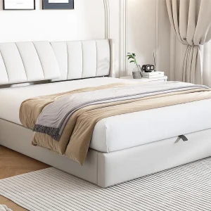 Gestoffeerd kunstleer opbergbed – 180x200cm – met USB-poort en LED – verstelbaar hoekhoofdeinde – Wit Gestoffeerd kunstleer opbergbed – 180x200cm – met USB-poort en LED – verstelbaar hoekhoofdeinde – Wit
