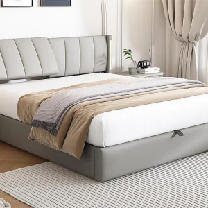 Gestoffeerd kunstleren opbergbed – 140x200cm – met USB-poort en LED – verstelbaar hoekhoofdeinde – Grijs Gestoffeerd kunstleren opbergbed – 140x200cm – met USB-poort en LED – verstelbaar hoekhoofdeinde – Grijs