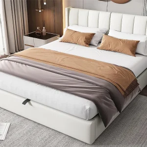 Gestoffeerd kunstleer opbergbed – 160x200cm – met USB-poort en LED – verstelbaar hoekhoofdeinde – Wit Gestoffeerd kunstleer opbergbed – 160x200cm – met USB-poort en LED – verstelbaar hoekhoofdeinde – Wit
