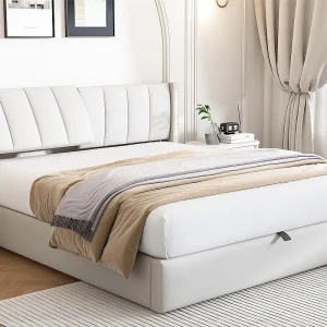 Gestoffeerd kunstleer opbergbed – 140x200cm – met USB-poort en LED – verstelbaar hoekhoofdeinde – Wit Gestoffeerd kunstleer opbergbed – 140x200cm – met USB-poort en LED – verstelbaar hoekhoofdeinde – Wit