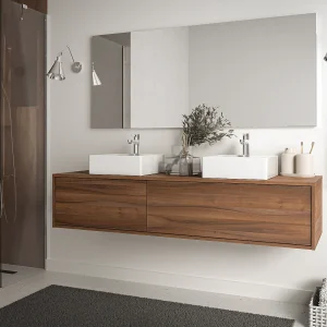 Hangend badmeubel met dubbele wastafel, donker natuurlijke kleur, L150 x H32 cm, ISAURE Hangend badmeubel met dubbele wastafel, donker natuurlijke kleur, L150 x H32 cm, ISAURE