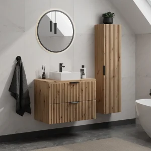 Licht naturel geribbeld badkamermeubel met wastafel om te plaatsen en kolom, 80 cm, ZEVARA Licht naturel geribbeld badkamermeubel met wastafel om te plaatsen en kolom, 80 cm, ZEVARA