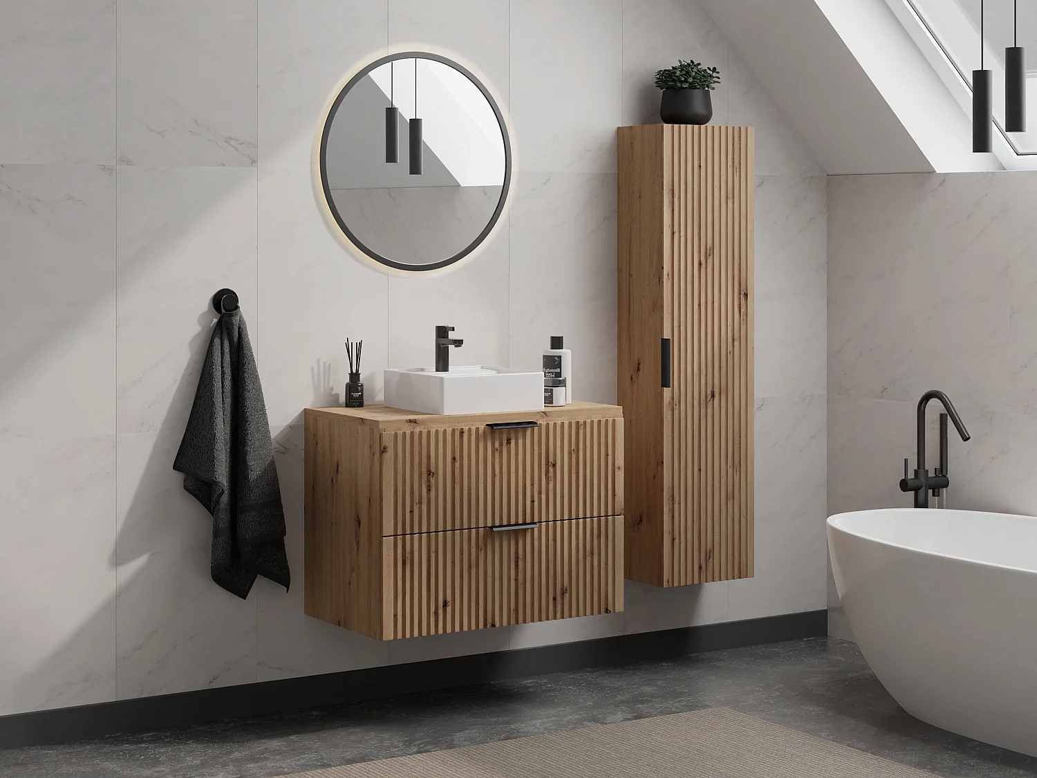 Licht naturel geribbeld badkamermeubel met wastafel om te plaatsen en kolom, 80 cm, ZEVARA