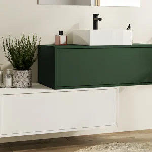 Hangend badkamermeubel enkele wastafel, groen en wit, 2 laden, 94 cm, TEANA Hangend badkamermeubel enkele wastafel, groen en wit, 2 laden, 94 cm, TEANA