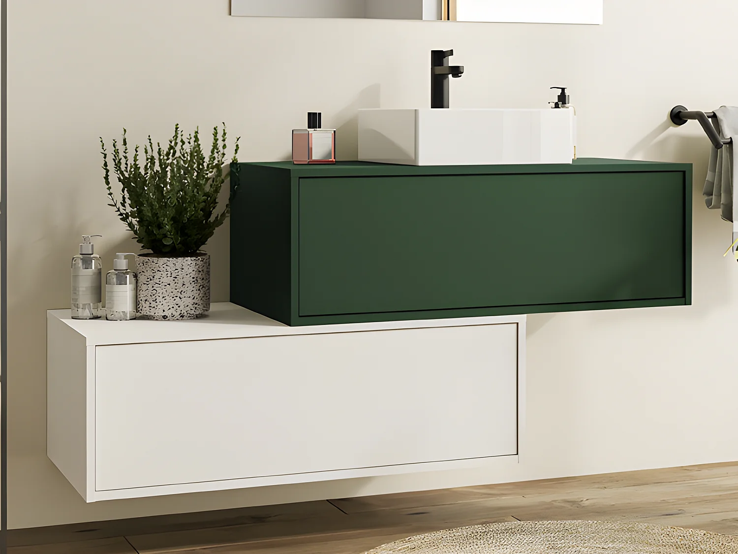Hangend badkamermeubel enkele wastafel, groen en wit, 2 laden, 94 cm, TEANA