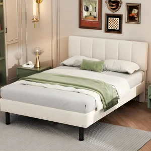 Bed 140x190cm opgevuld met sherpa – met lattenbodem – Beige