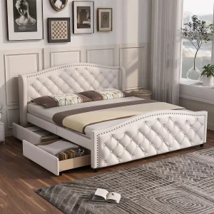 Gestoffeerd bed met hoofdeinde en 2 laden – 160 x 200 cm – PU leer – Scandinavische stijl – wit Gestoffeerd bed met hoofdeinde en 2 laden – 160 x 200 cm – PU leer – Scandinavische stijl – wit