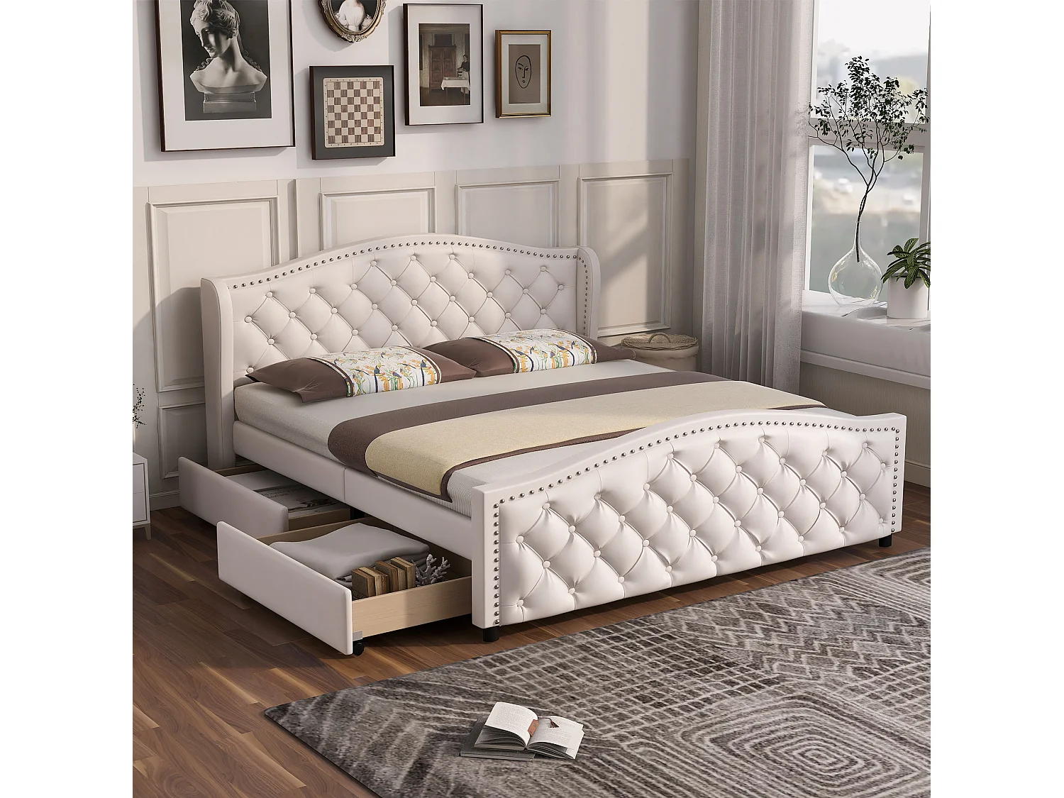 Gestoffeerd bed met hoofdeinde en 2 laden - 160 x 200 cm - PU leer - Scandinavische stijl - wit