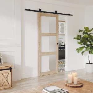 Schuifdeur van hout met rails en 3 ramen – Mat gehard glas – ACOSTA II Schuifdeur van hout met rails en 3 ramen – Mat gehard glas – ACOSTA II