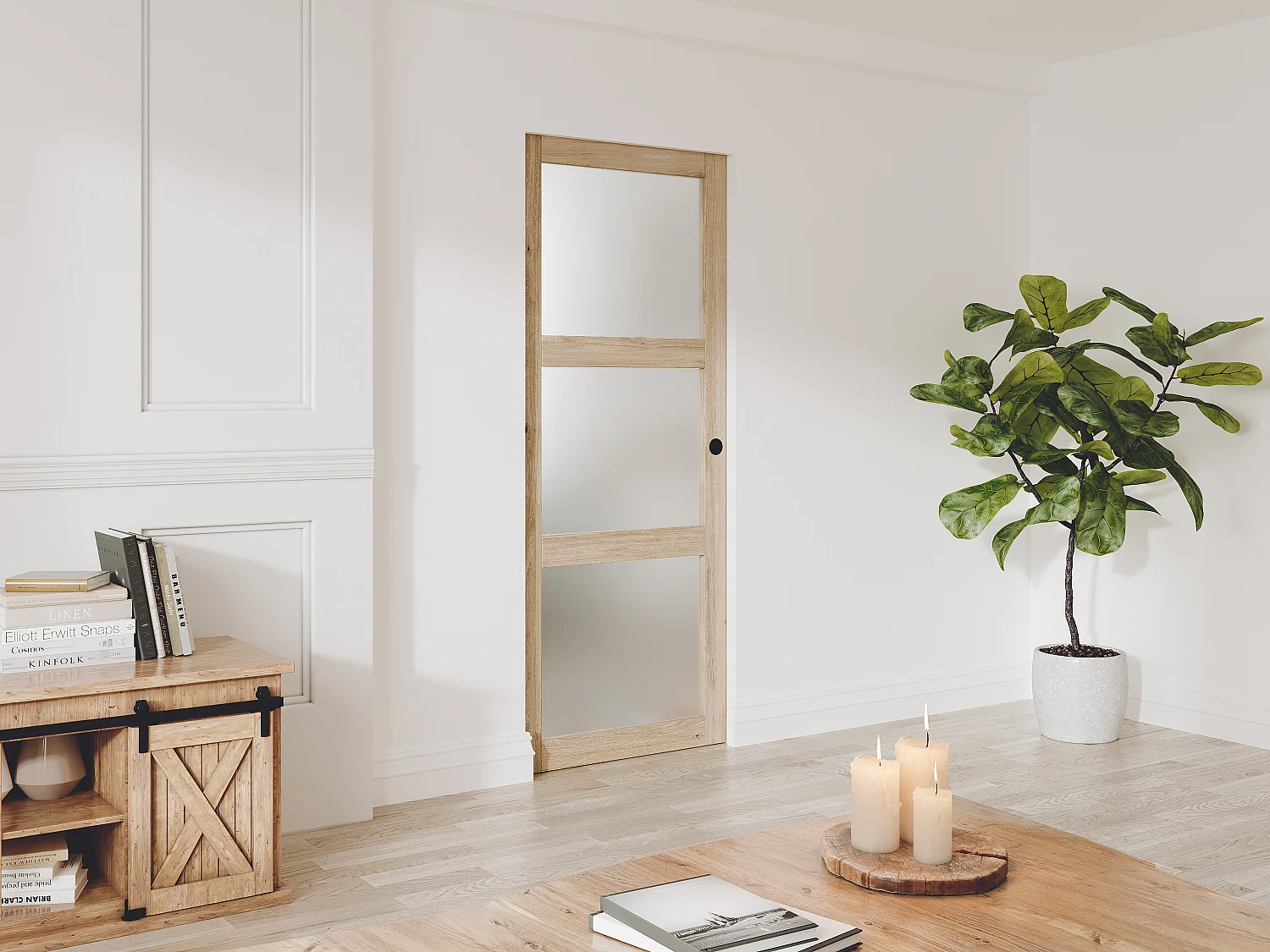 Hangende schuifdeur met rails en 3 ramen, L63 cm, mat glas, ACOSTA II
