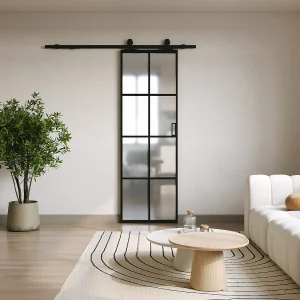 Hangende schuifdeur – Aluminium en mat glas – H205 x B93 cm – WILDEN II Hangende schuifdeur – Aluminium en mat glas – H205 x B93 cm – WILDEN II