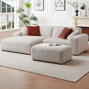 Hoekbank met hoek links van beige ribfluweel TIRONO van Maison Céphy
