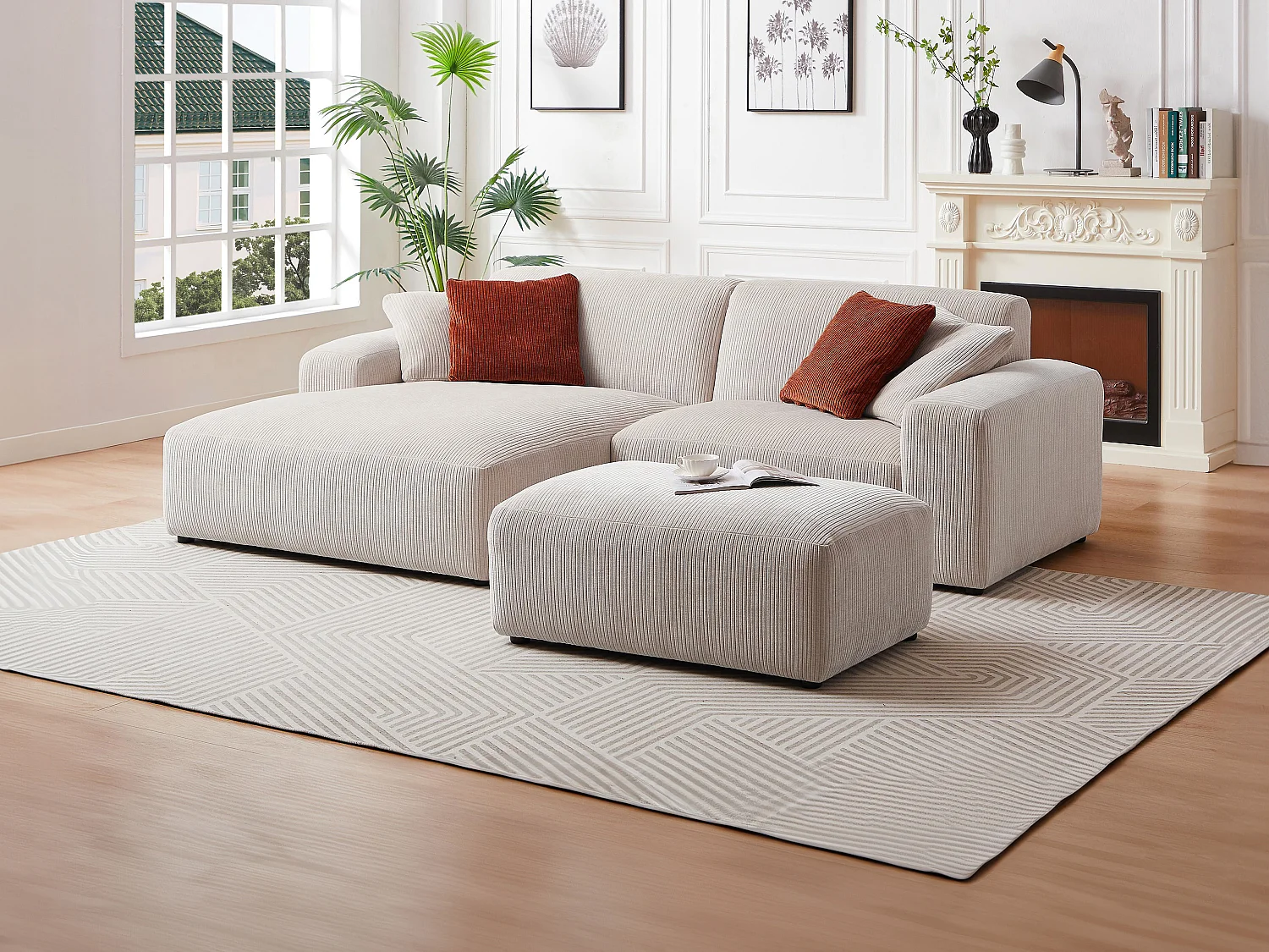 Hoekbank met hoek links van beige ribfluweel TIRONO van Maison Céphy