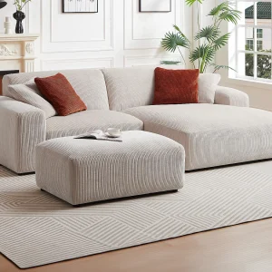 Hoekbank met hoek rechts en poef van beige ribfluweel TIRONO van Maison Céphy