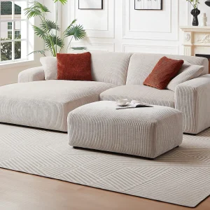Hoekbank met hoek links en poef van beige ribfluweel TIRONO van Maison Céphy