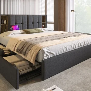 Bed met lades 160x200cm opgevuld met linnen – met draadloos opladen en lattenbodem – Grijs