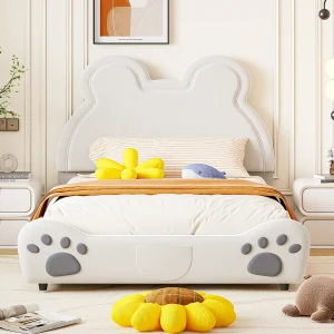 Gestoffeerd bed met hoofdbord 140 x 200 cm – Beervorm – Fluweel – Wit
