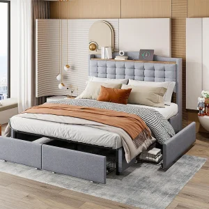 Volwassenenbed 140x200cm in linnen – met USB-aansluiting en 4 lades – lattenbodem – Lichtgrijs