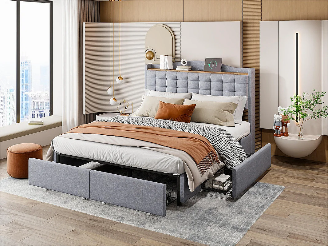 Volwassenenbed 140x200cm in linnen - met USB-aansluiting en 4 lades - lattenbodem - Lichtgrijs