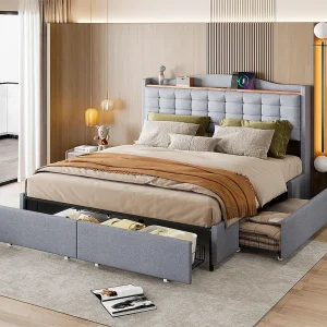 Linnen volwassenenbed 160x200cm – met USB-aansluiting en 4 lades – lattenbodem – Lichtgrijs Linnen volwassenenbed 160x200cm – met USB-aansluiting en 4 lades – lattenbodem – Lichtgrijs
