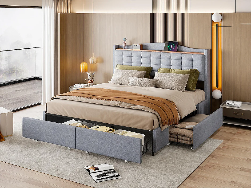 Linnen volwassenenbed 160x200cm - met USB-aansluiting en 4 lades - lattenbodem - Lichtgrijs
