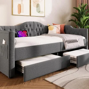 Bed met laden 90x190cm gestoffeerd in linnen – met oplaadfunctie en lattenbodem – Grijs (matras niet inbegrepen)