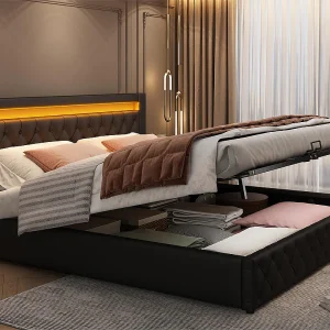 Gestoffeerd kunstleer opbergbed met LED – 140x200cm – met lattenbodem – Zwart Gestoffeerd kunstleer opbergbed met LED – 140x200cm – met lattenbodem – Zwart